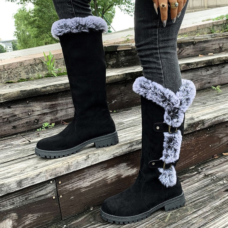 Women's Faux Suede Mid-Calf Snow Boots with Faux Fur Trim and Buckle Detail