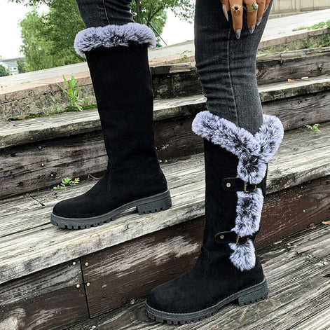 Women's Faux Suede Mid-Calf Snow Boots with Faux Fur Trim and Buckle Detail
