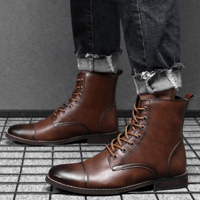 Men's Lace-Up Leather-Style Ankle Boots with Grip Outsole