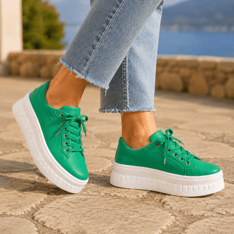 Women's Cushioned Faux Leather Sneakers with Platform Sole and Lace-Up Closure