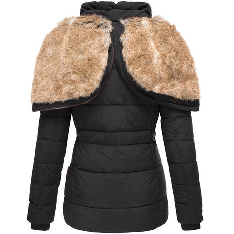 Faux Fur Hooded Puffer Winter Jacket with Detachable Trim for Women