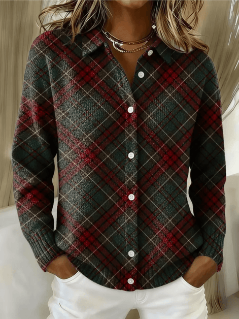 Esmeralda Plaid Cotton Flannel Button-Up Long Sleeve Blouse for Women