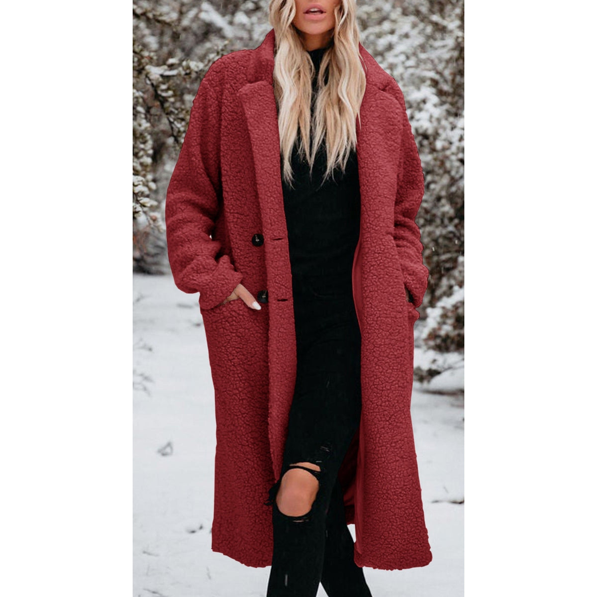 Women's Long Teddy Fleece Coat with Button Front Closure