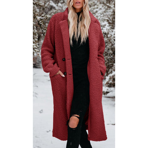 Women's Long Teddy Fleece Coat with Button Front Closure