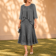 Elavine Sheer-Sleeve Floral Lace Overlay Chiffon Women's Midi Dress