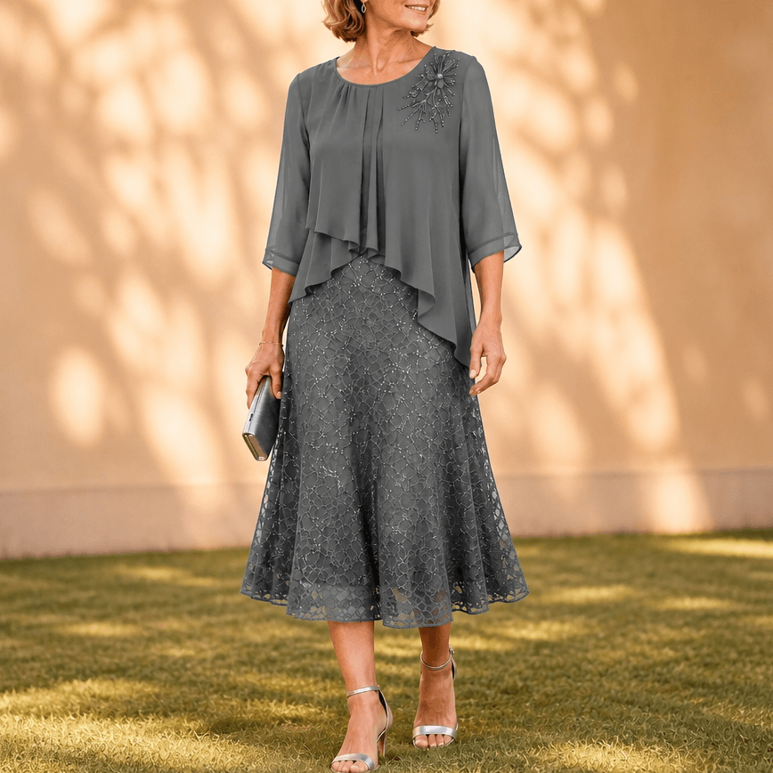 Elavine Sheer-Sleeve Floral Lace Overlay Chiffon Women's Midi Dress