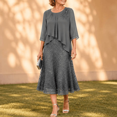 Elavine Sheer-Sleeve Floral Lace Overlay Chiffon Women's Midi Dress