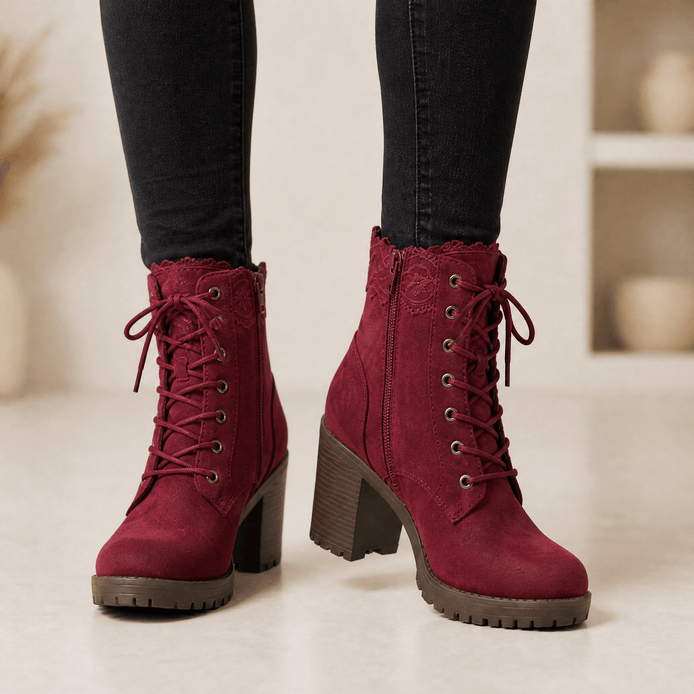 Lacelle Suede Women's Ankle Boots with Lace Trim and Chunky Block Heel