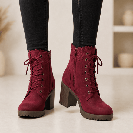 Lacelle Suede Women's Ankle Boots with Lace Trim and Chunky Block Heel