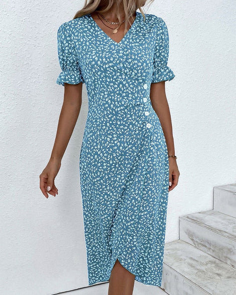 Floral Wrap Midi Dress for Wedding Guest and Christmas Party Wear