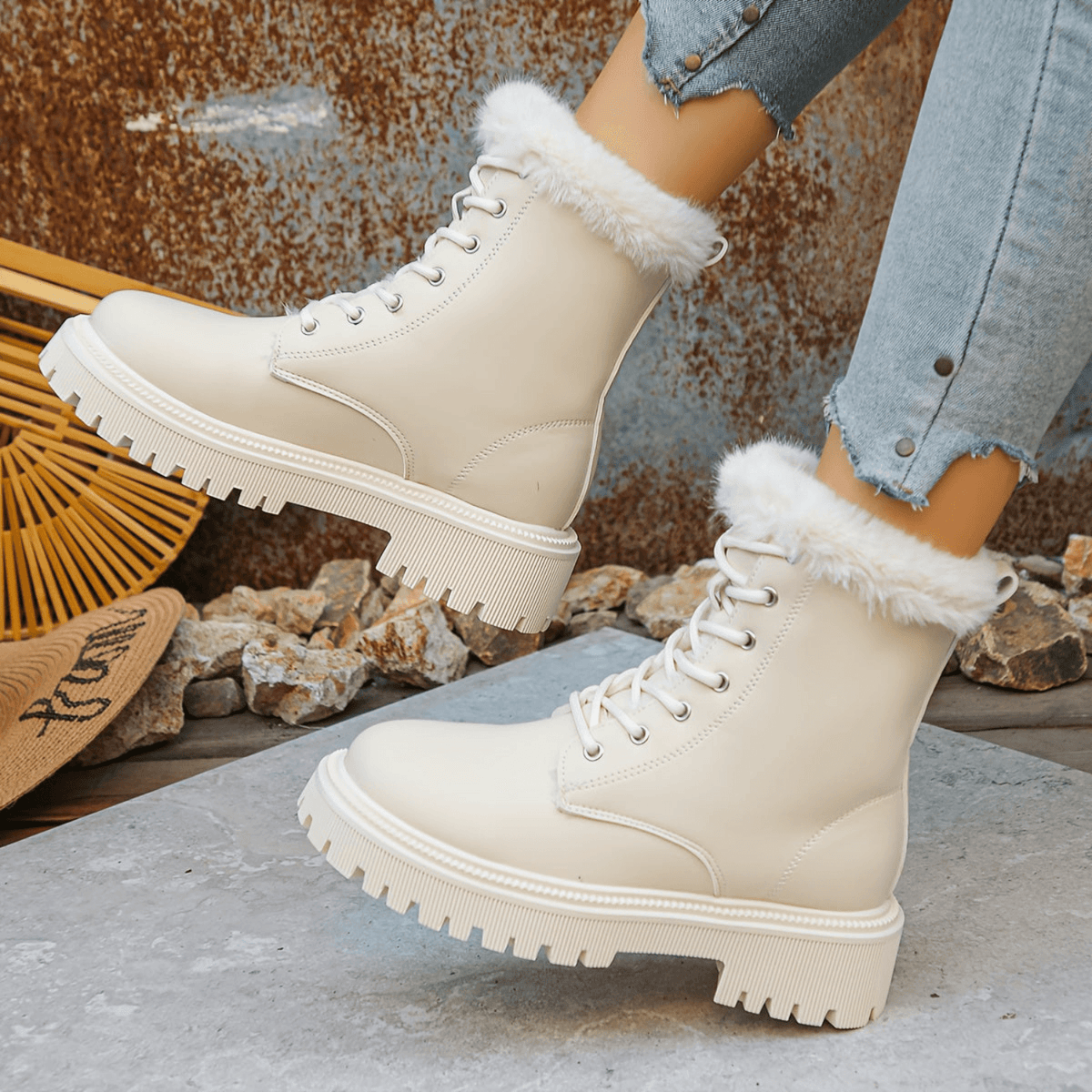 Women's Faux Leather Winter Boots with Faux Fur Trim and Chunky Platform Sole