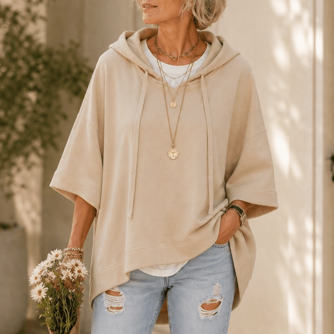 Women's Oversized Half-Sleeve Hooded Sweatshirt with Drawstring