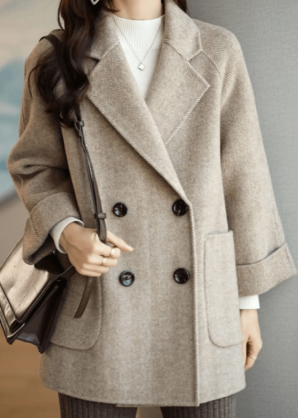 Oihana Women's Double-Breasted Wool-Blend Winter Coat with Self-Tie Belt
