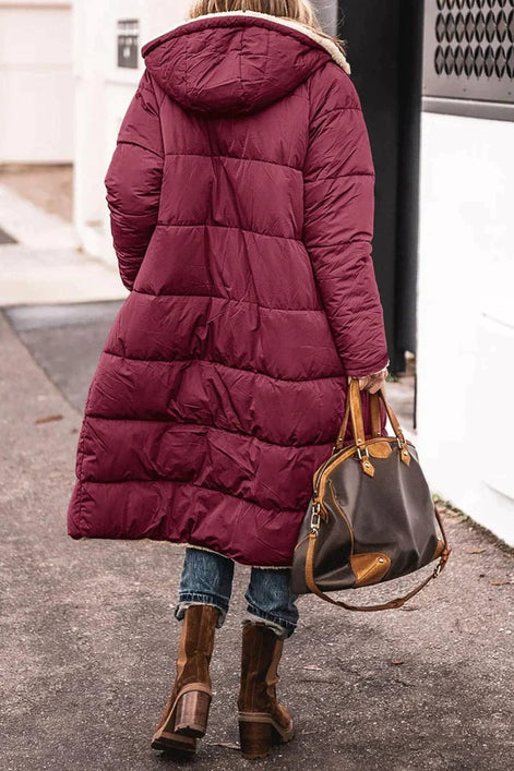 Women's Long Polyester Coat with Teddy Fleece Lining and Hood