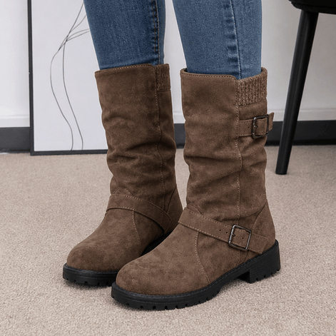 Wearbella Slouchy Mid-Calf Boots with Adjustable Buckle Strap for Women