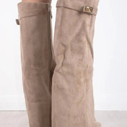 Women's Suede Fold-Over Boots with Pointed Toe and Gold Buckle Detail