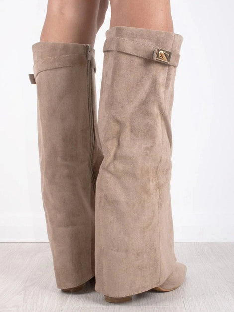 Women's Suede Fold-Over Boots with Pointed Toe and Gold Buckle Detail