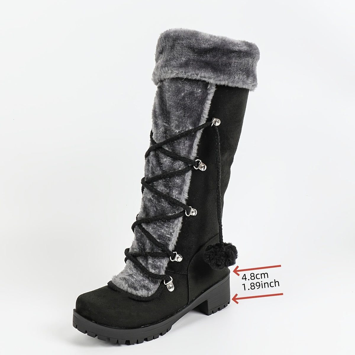 Faux Suede Knee-High Winter Boots for Women with Faux Fur Trim and Lace-Up Detail