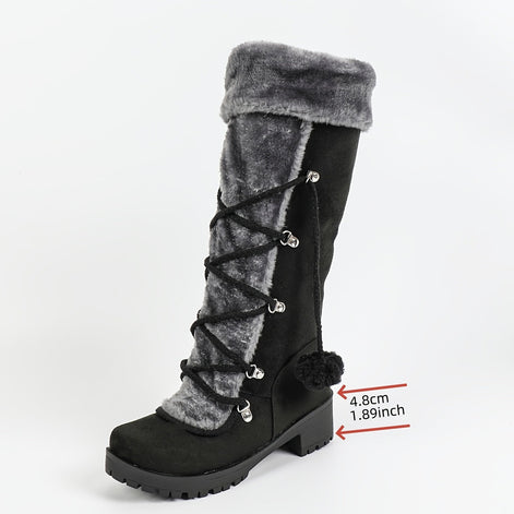 Faux Suede Knee-High Winter Boots for Women with Faux Fur Trim and Lace-Up Detail