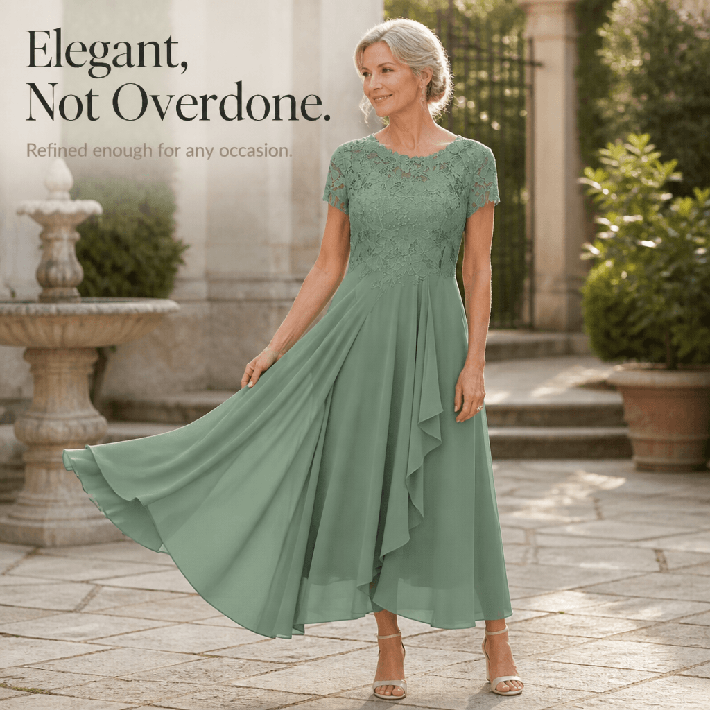 Lace Bodice Chiffon Women's Midi Dress with Ruffle Skirt