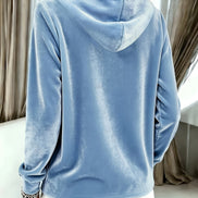 Women's Velvet Hooded Sweatshirt with Button Placket and Drawstring