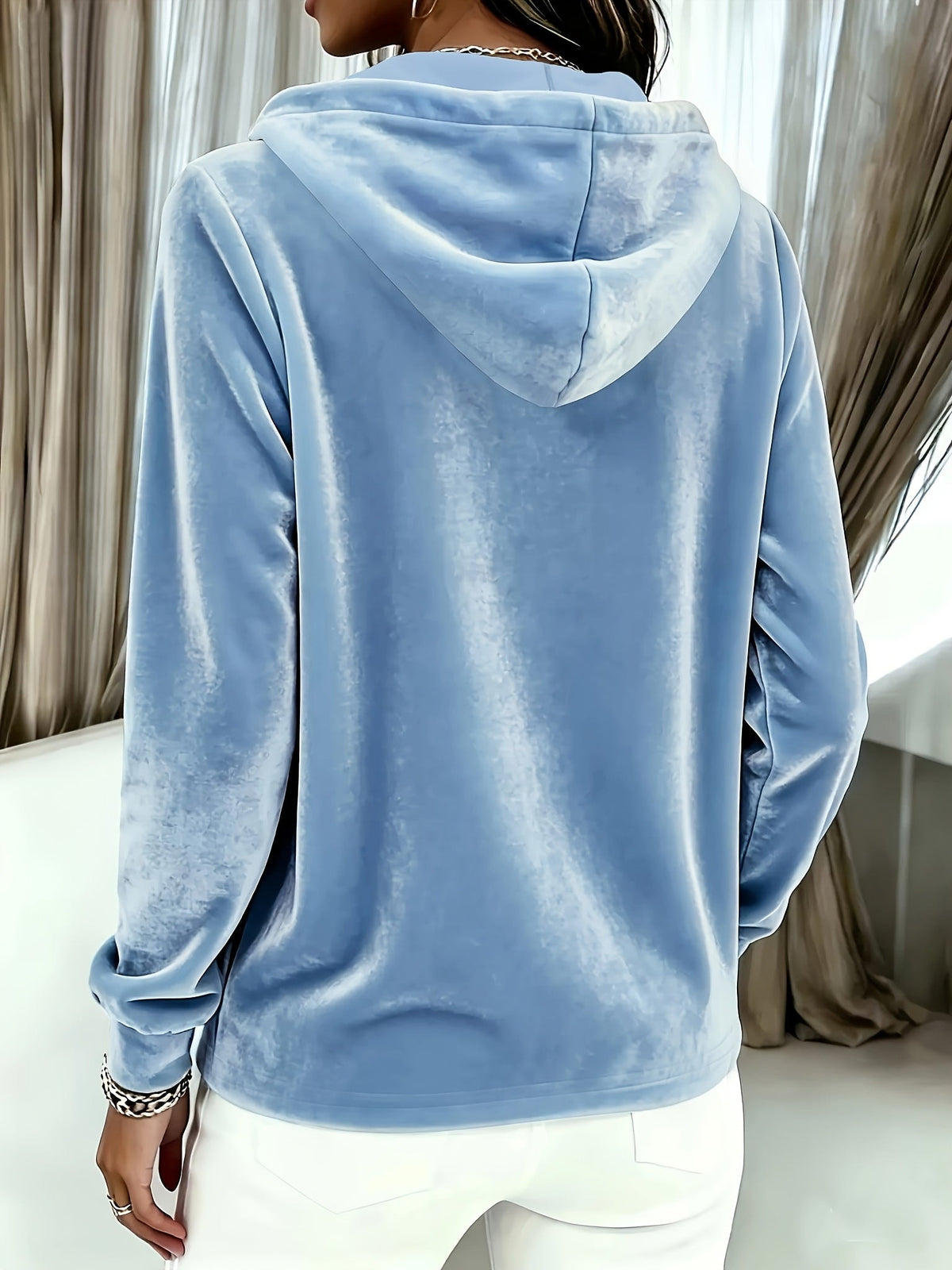 Women's Velvet Hooded Sweatshirt with Button Placket and Drawstring
