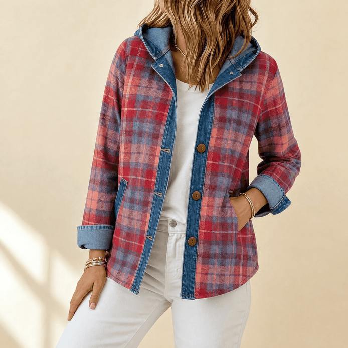 Weslyn Plaid Hooded Shacket with Denim Trim