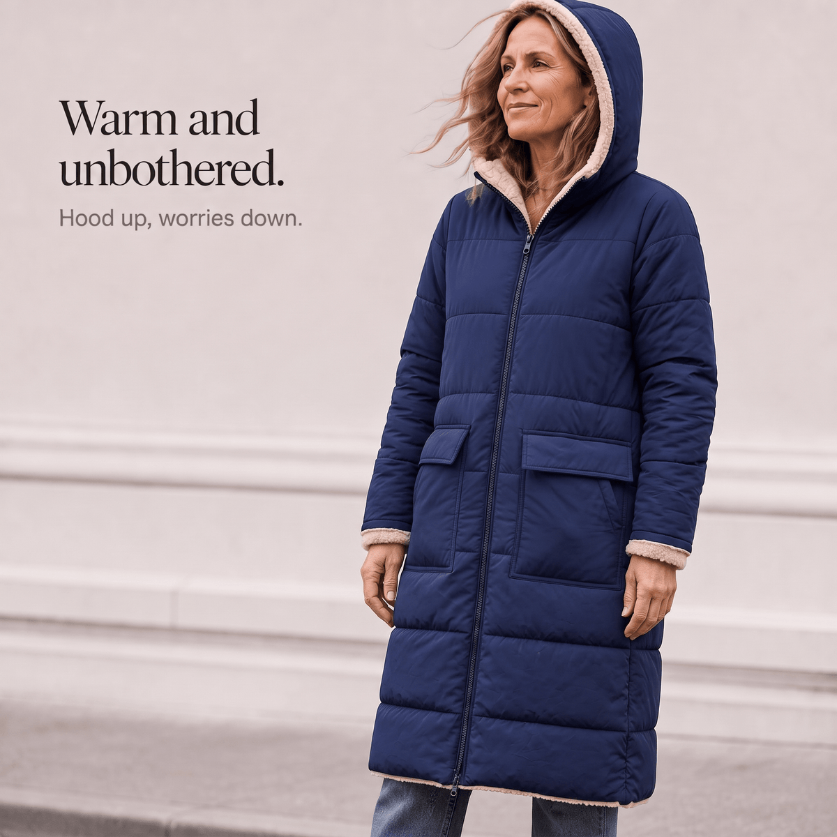 Women's Reversible Quilted Longline Winter Coat with Sherpa Trim