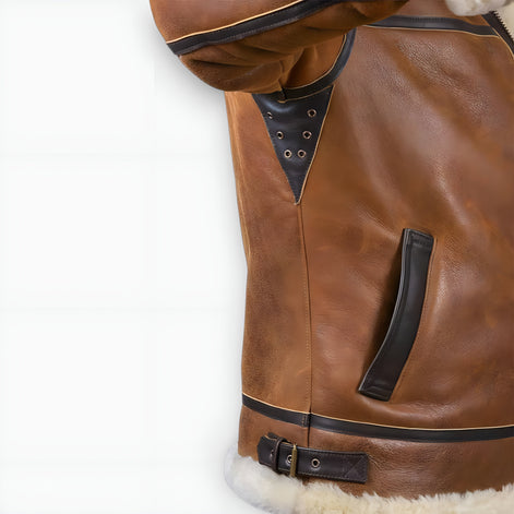 Shearling-Lined Aviator Bomber Jacket with Fur Hood for Men