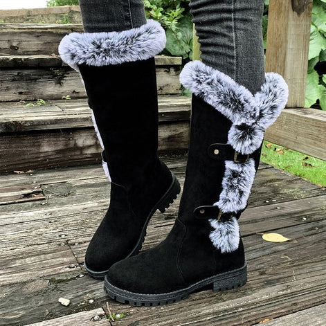 Women's Faux Suede Mid-Calf Snow Boots with Faux Fur Trim and Buckle Detail