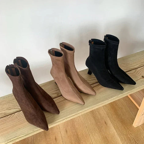 Doris Pointed-Toe Sock Boots with Kitten Heel in Suede-Effect Fabric