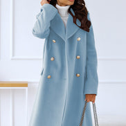 Women's Double-Breasted Long Wool-Blend Pea Coat with Notch Lapel