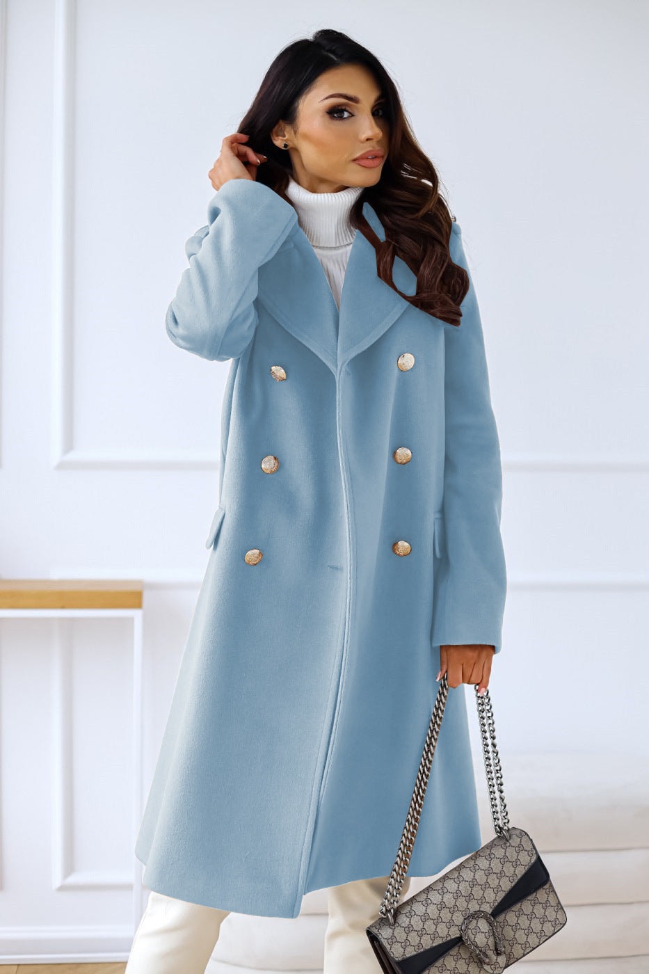 Women's Double-Breasted Long Wool-Blend Pea Coat with Notch Lapel