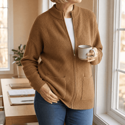 Covena Ribbed Zip-Up Knitted Cardigan with Pockets for Women