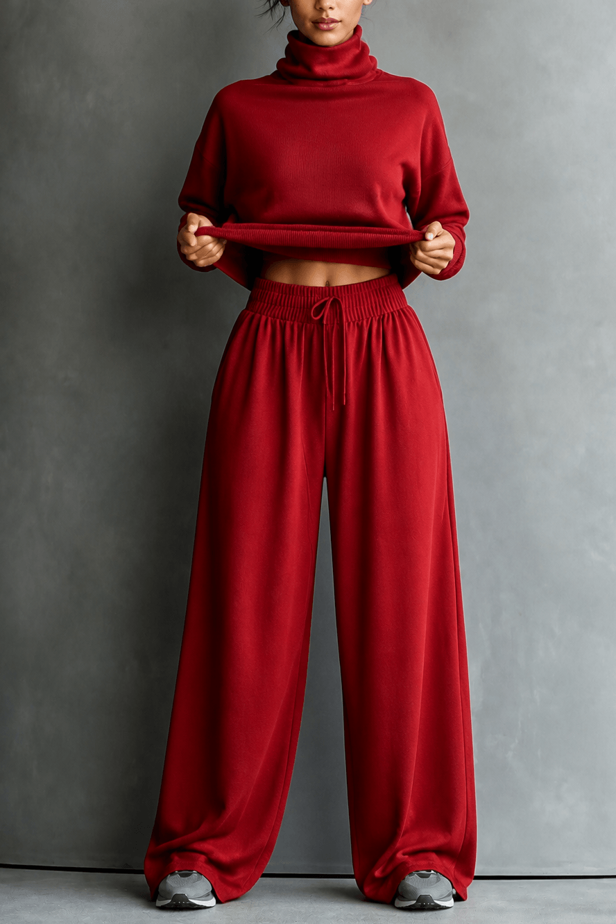 Women's Turtleneck Knitted Jumper and Wide-Leg Trousers Lounge Set