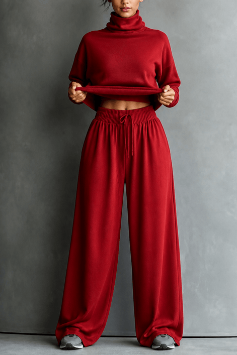 Women's Turtleneck Knitted Jumper and Wide-Leg Trousers Lounge Set