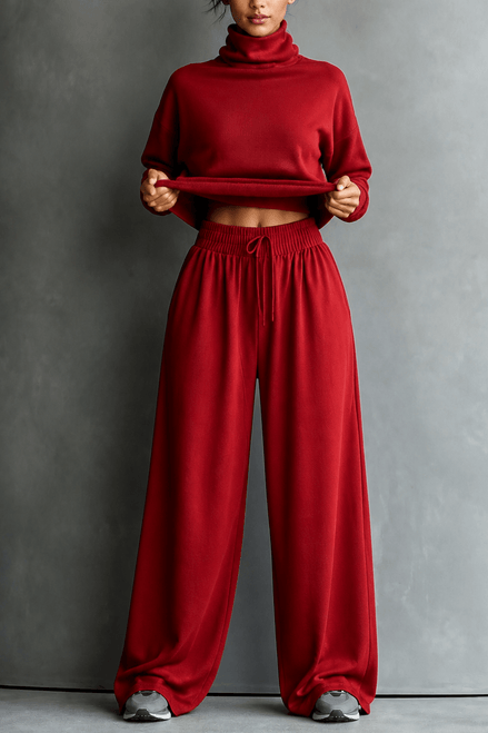 Women's Turtleneck Knitted Jumper and Wide-Leg Trousers Lounge Set