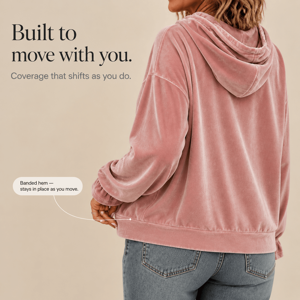 Ruffle Cuff Velvet Hoodie with Dropped Shoulder for Women