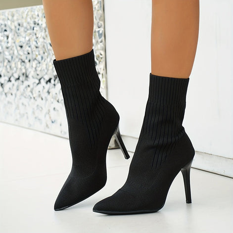 Women's Ribbed Knit Ankle Boots with Pointed Toe and Stiletto Heel