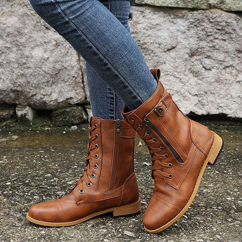 Hazel Lace-Up Combat Boots with Side Zip and Buckle Detail in Faux Leather