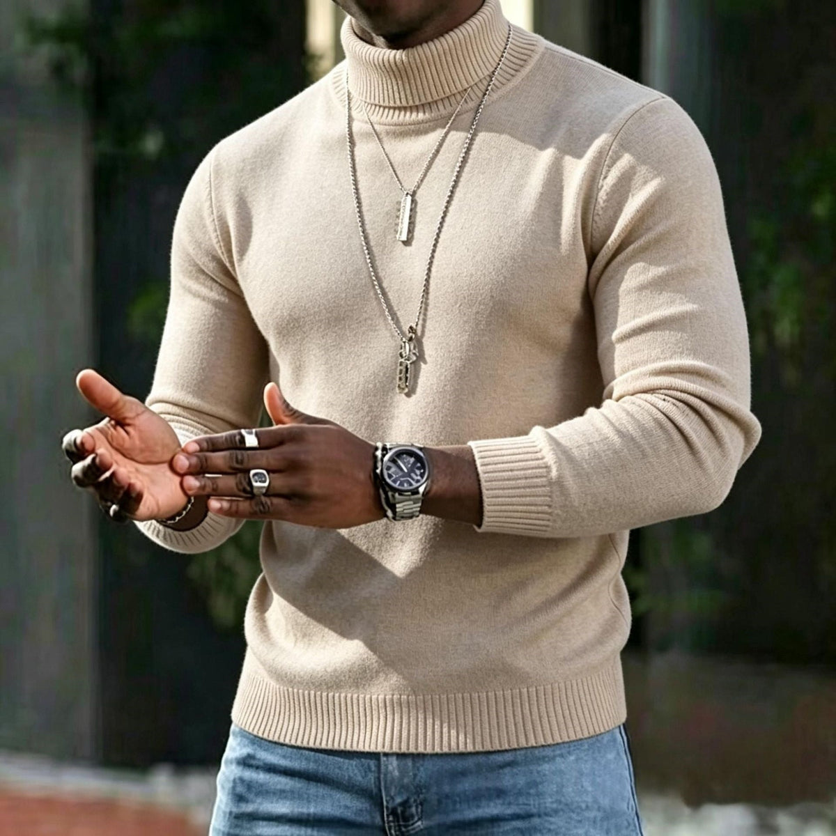 Men's Ribbed Turtleneck Knit Jumper with Long Sleeves