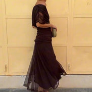 Wrap V-Neck Mesh Overlay Midi Dress for Christmas Party Events