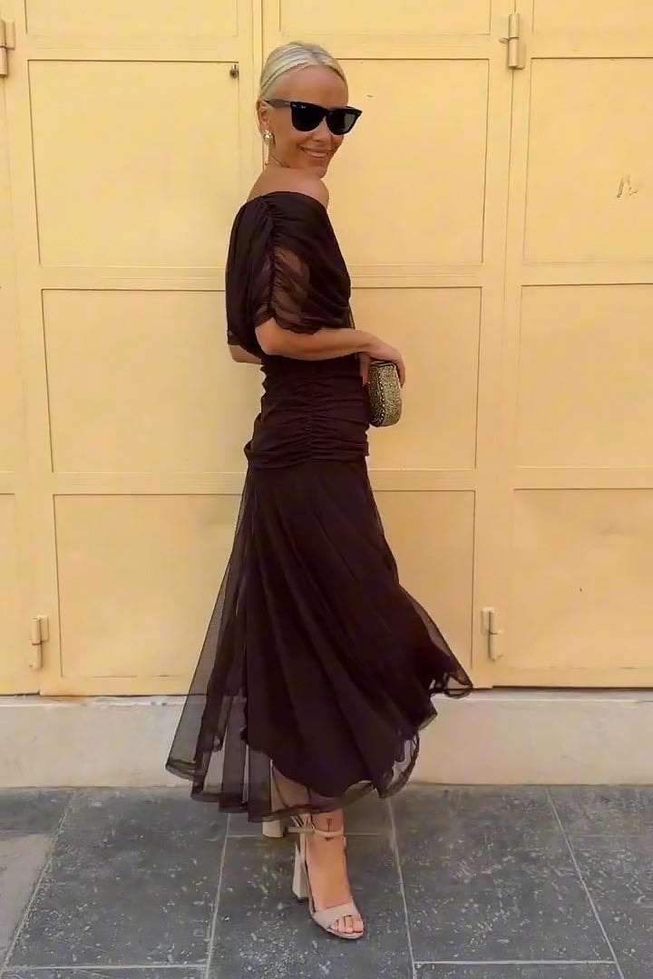 Wrap V-Neck Mesh Overlay Midi Dress for Christmas Party Events