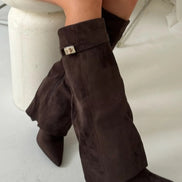 Fold-Over Pointed Toe Knee-High Suede Boots for Women in Winter