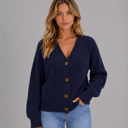 Chunky Ribbed Knit Button-Front V-Neck Women's Cardigan Jumper