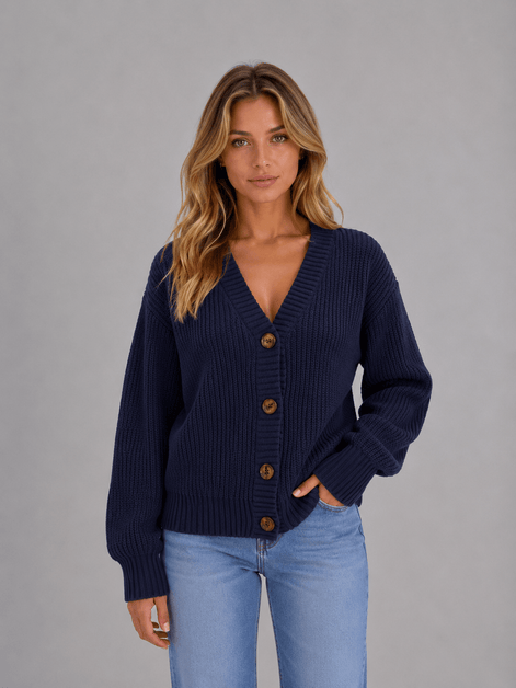 Chunky Ribbed Knit Button-Front V-Neck Women's Cardigan Jumper