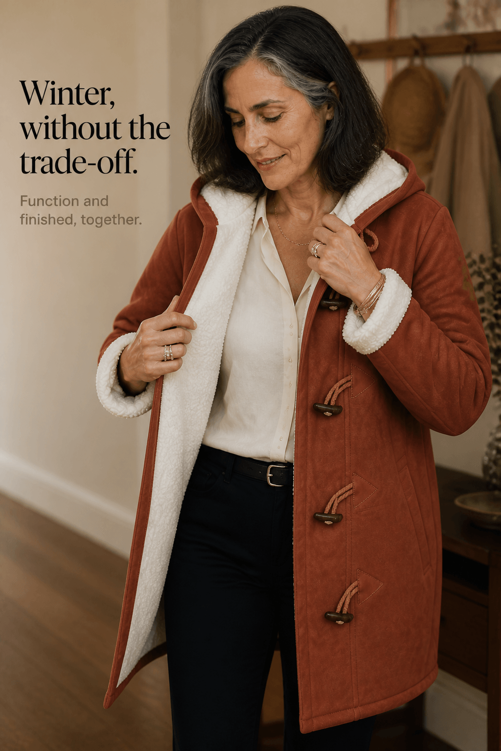 Women's Hooded Faux Suede Toggle Coat with Plush Sherpa Lining