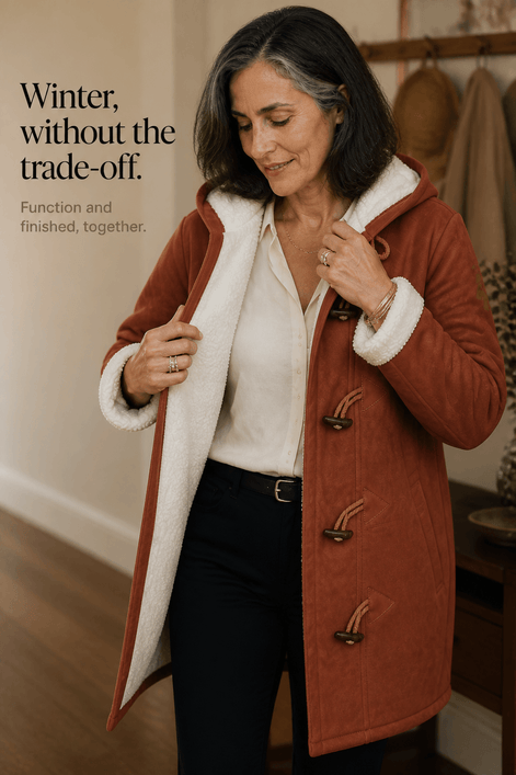 Women's Hooded Faux Suede Toggle Coat with Plush Sherpa Lining