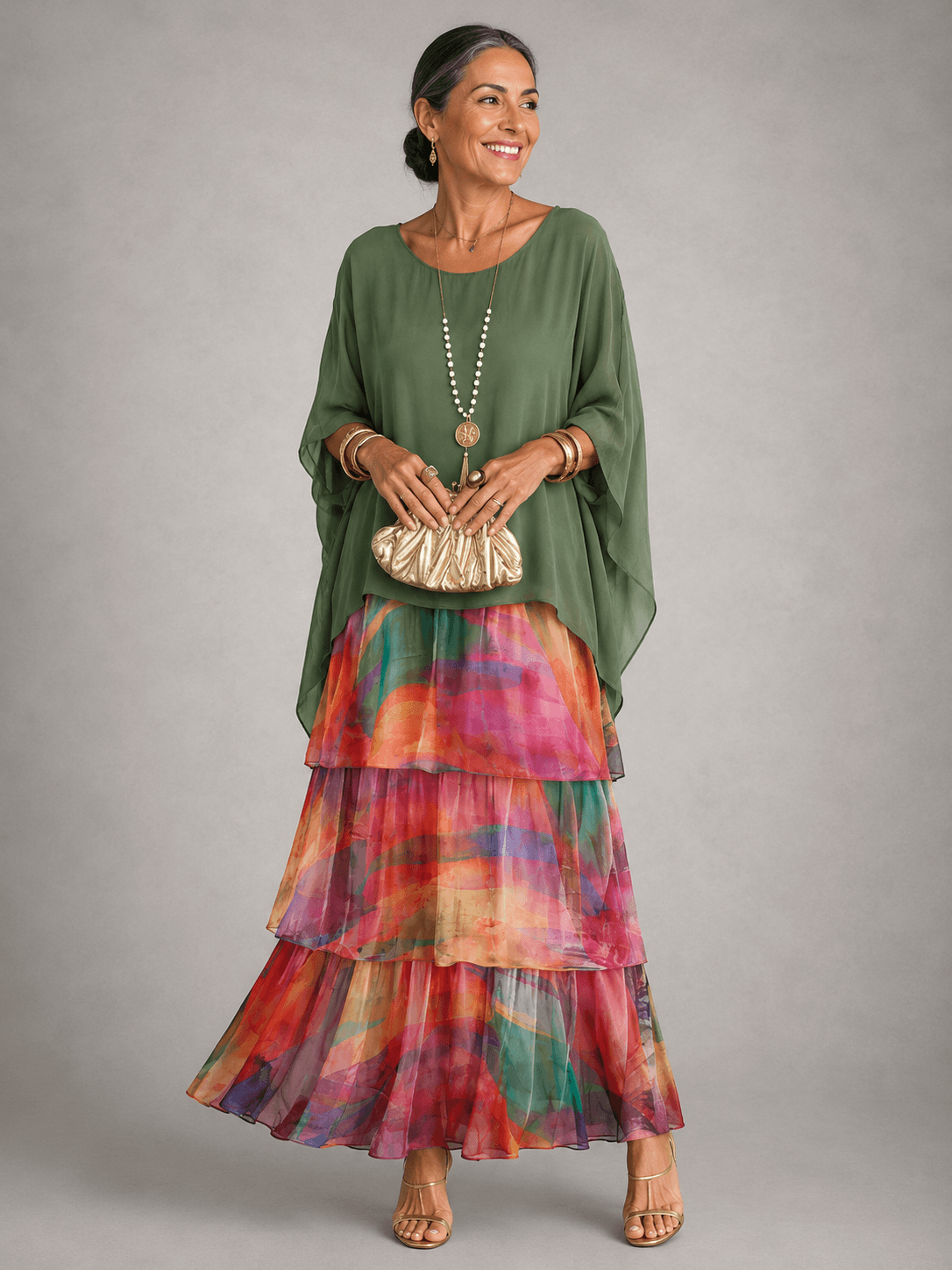 Tiered Chiffon Women's Maxi Dress with Flutter Sleeves and Layered Hem