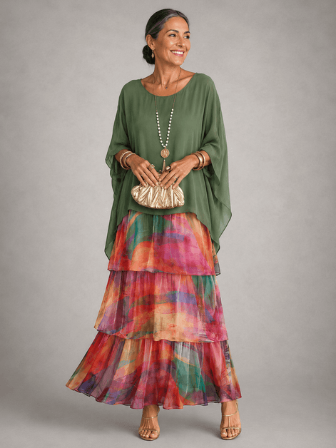 Tiered Chiffon Women's Maxi Dress with Flutter Sleeves and Layered Hem